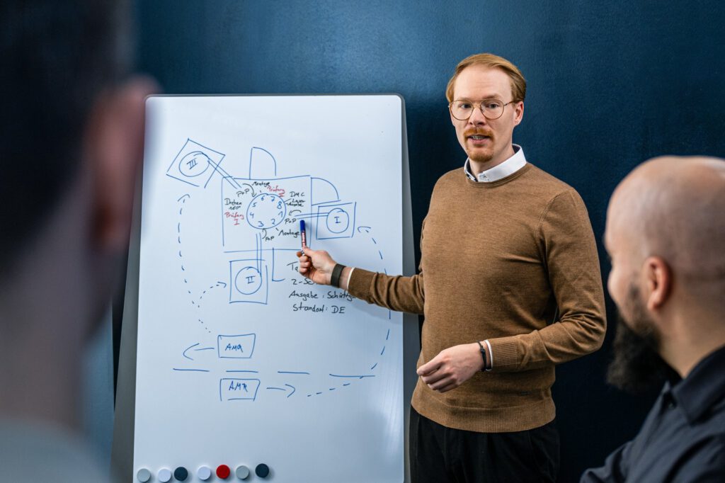 Businessfotografie für Lenkering in Steinfeld: Konzeptbesprechung am Whiteboard