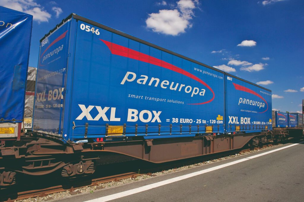 Blaue Paneuropa XXL Box auf einem Güterwagen aus niedriger Perspektive