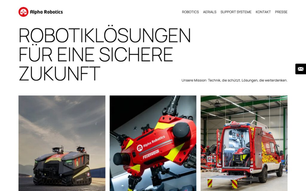 Startseite von Alpha Robotics mit unseren Bildern der Drohne und des Einsatzfahrzeugs