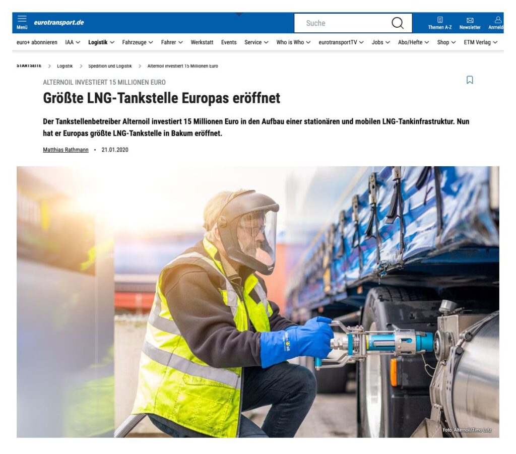 Artikel bei eurotransport.de über die LNG-Tankstelle von Alternoil mit unserem Bild