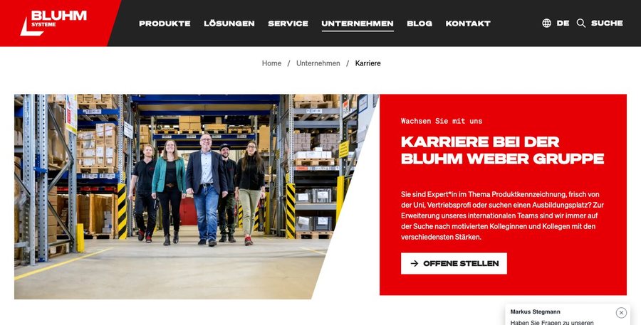 Karriereseite der Bluhm Weber Gruppe mit unserem Teambild im Lager