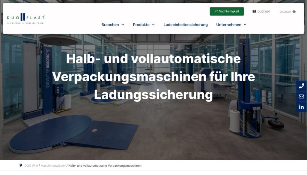 Produktseite von DUO PLAST zu Verpackungsmaschinen mit unserer Aufnahme einer Wickelmaschine in der Halle