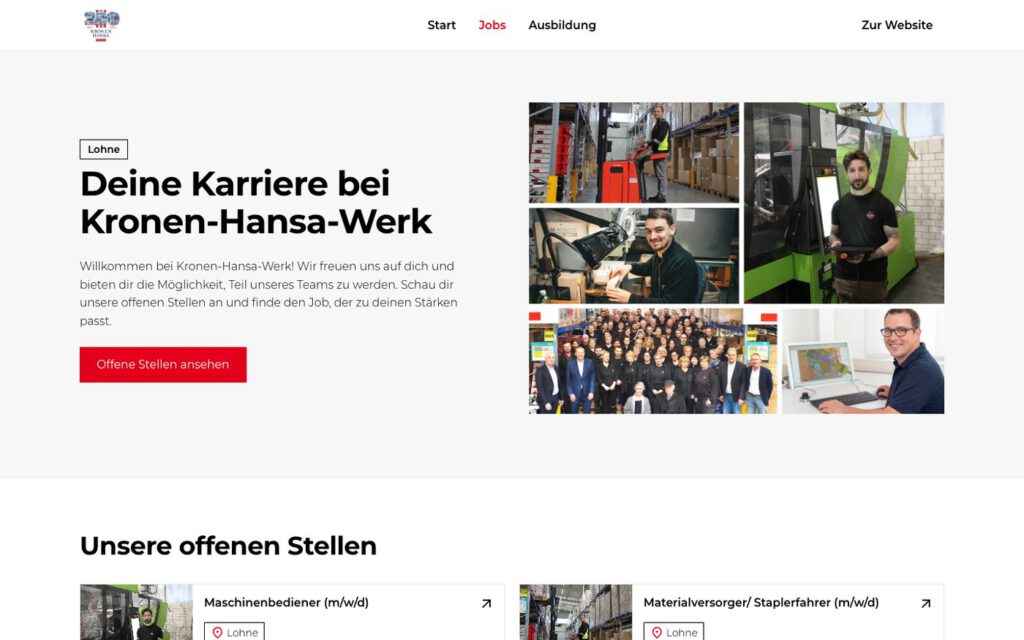 Karriereseite des Kronen-Hansa-Werks mit unseren Bildern aus Produktion, Lager und Büro