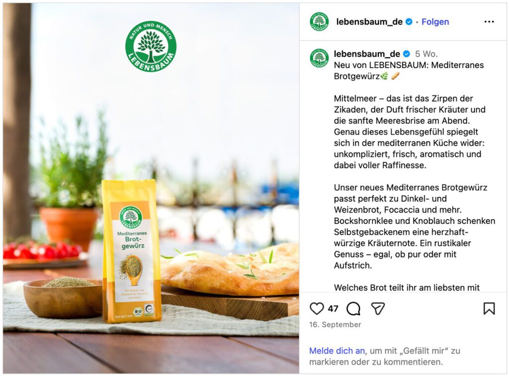 Instagram-Beitrag von Lebensbaum mit unserem Produktfoto des Brotgewürzes