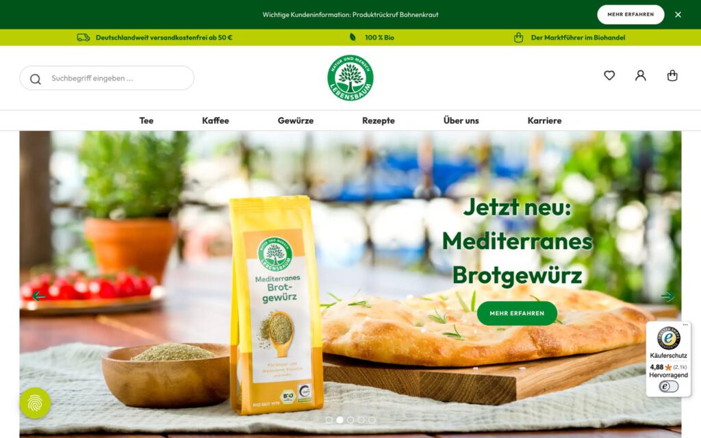Startseite von Lebensbaum mit unserem Produktfoto des Brotgewürzes