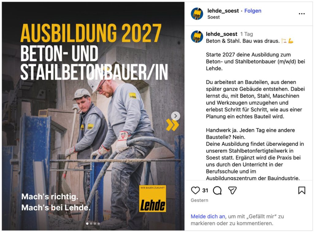Instagram-Beitrag von Lehde zur Ausbildung 2027 mit unserem Bild vom Team im Betonfertigteilwerk