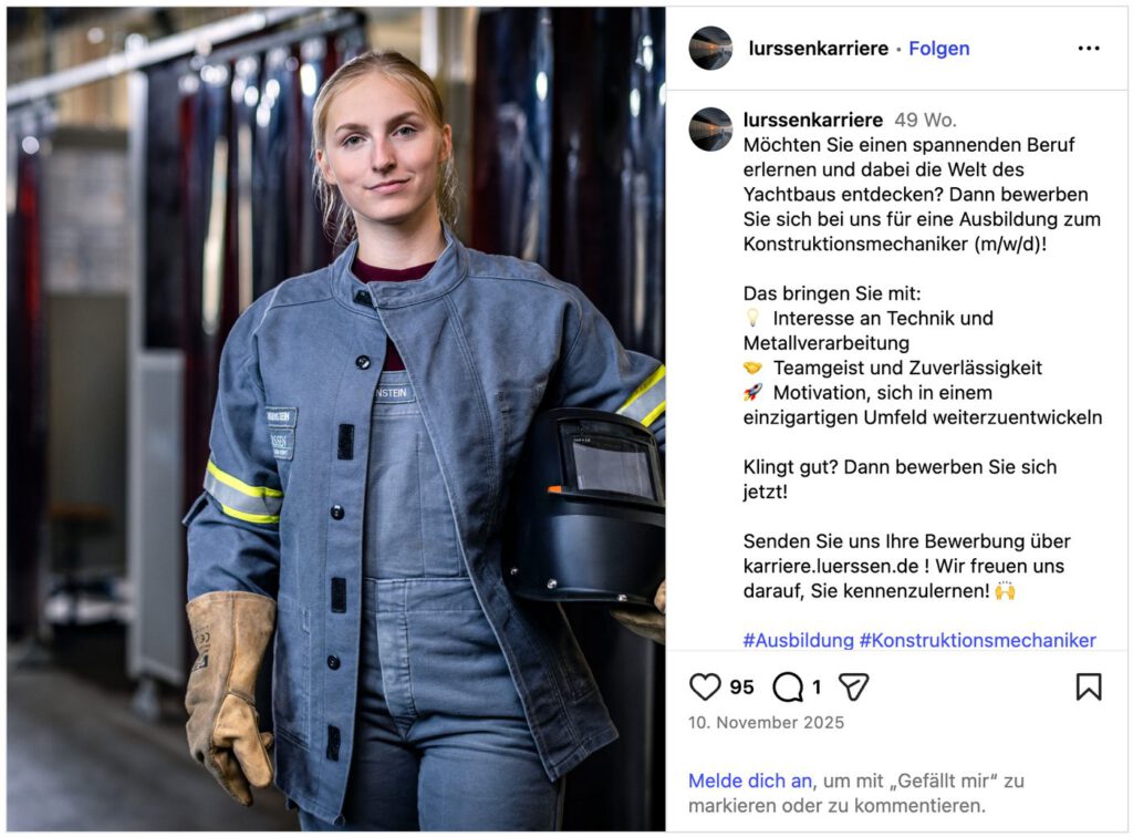 Instagram-Beitrag von Lürssen zur Ausbildung mit unserem Bild einer Mitarbeiterin