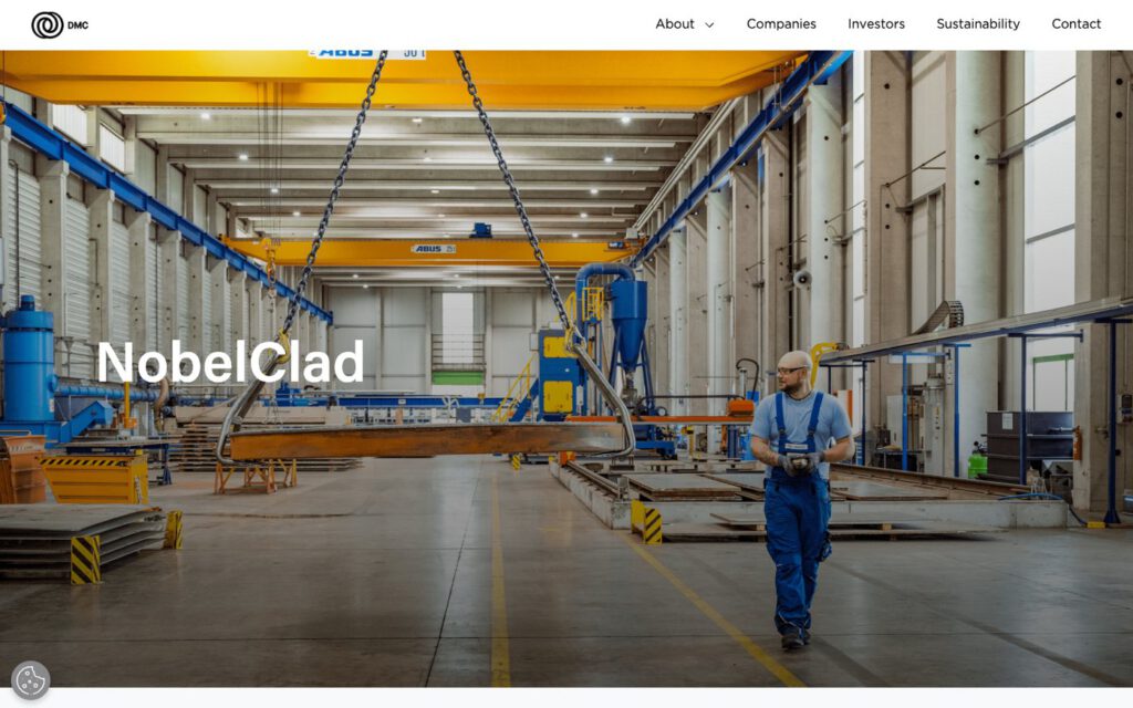 Seite von NobelClad auf dmcglobal.com mit unserem Bild aus der Produktionshalle