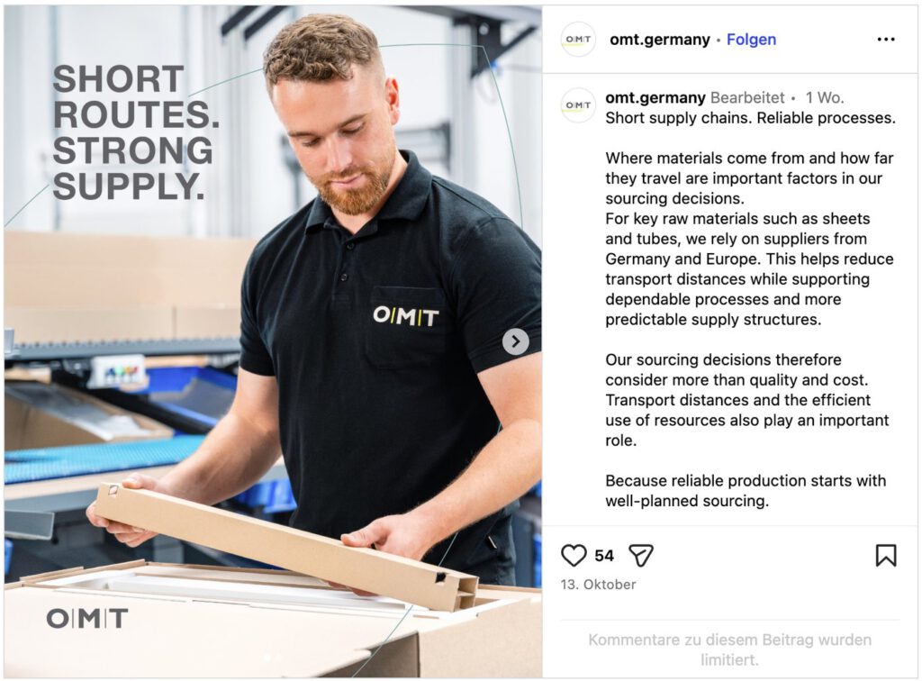 Instagram-Beitrag von OMT Oelschläger mit unserem Bild eines Mitarbeiters in der Fertigung