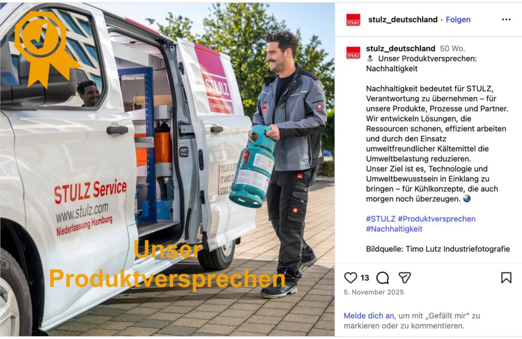 Instagram-Beitrag von STULZ mit unserem Bild eines Servicetechnikers und Bildquelle