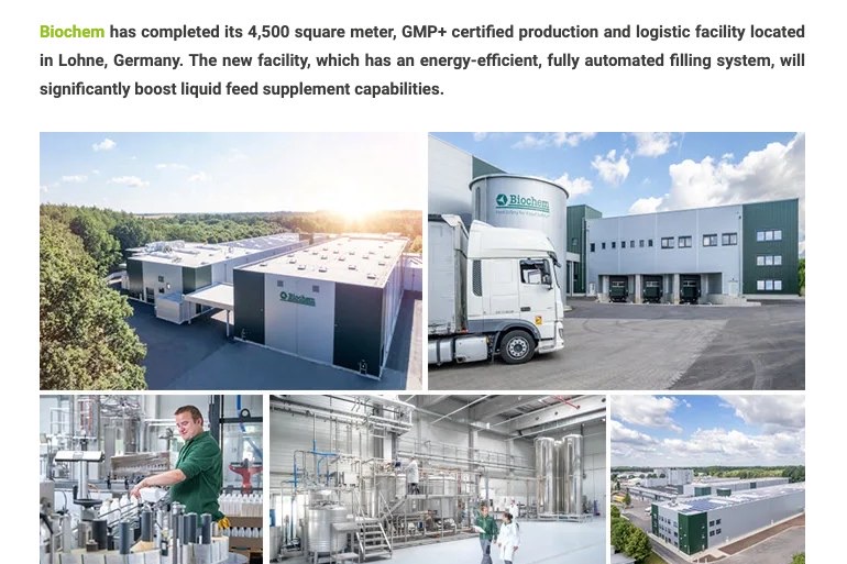 Artikel im Feed & Additive Magazine zum neuen Werk von Biochem mit einer Collage aus unseren Bildern